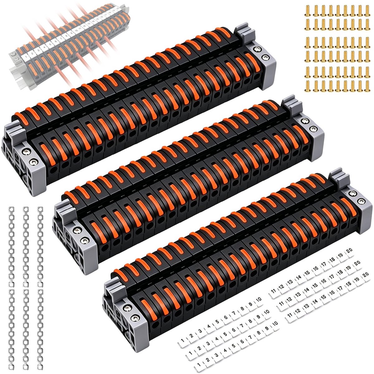 60 stuks rijklemmen hoedrail, klemlijstset met digitale markeringsstrips, rail, schroef, vaste basis, elektrische aansluitblokken, 0,08-4 mm², voor vaste kabels (20 cm x 3)