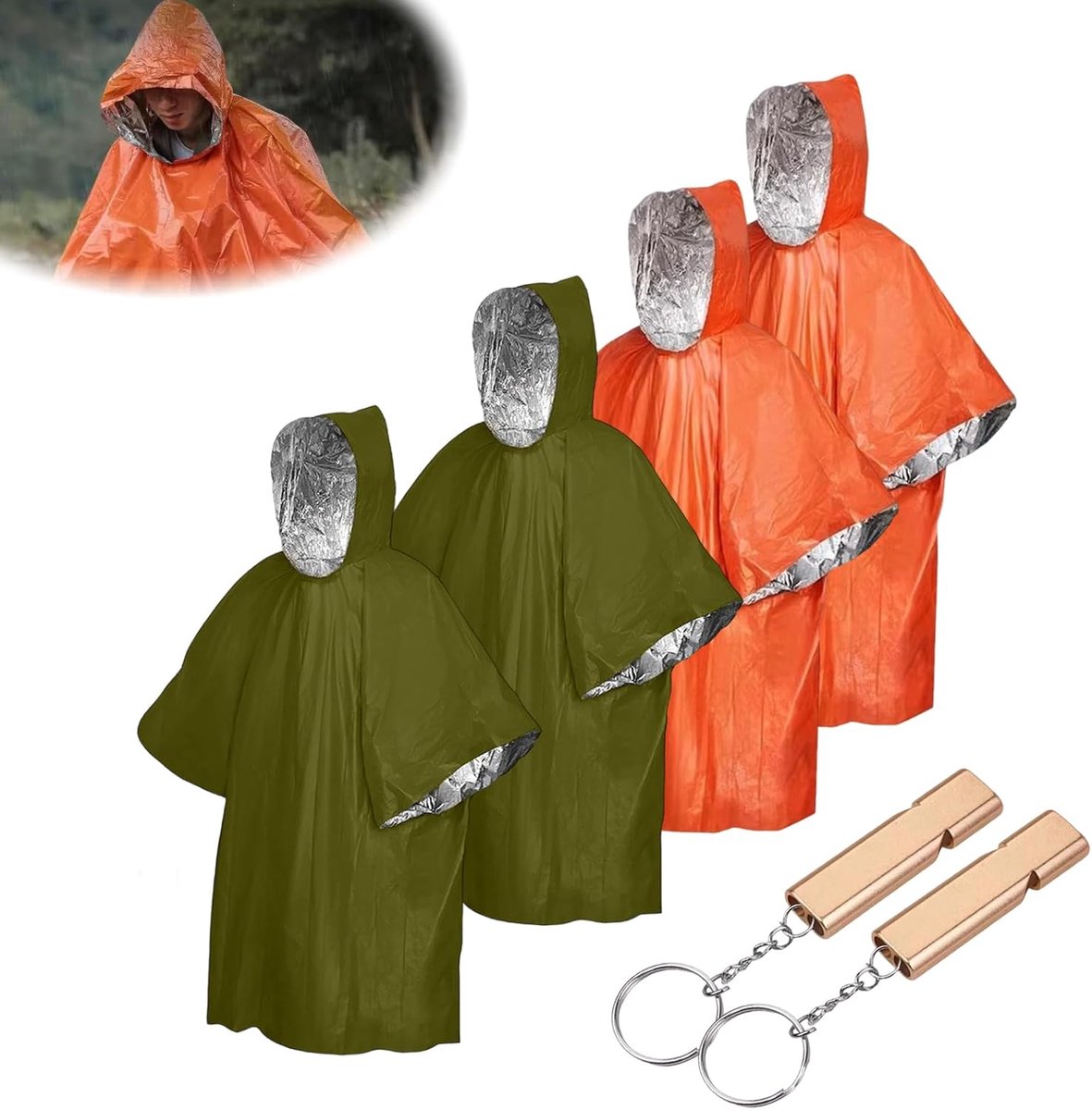 Regenponcho voor noodgevallen, survivalponcho, met capuchon en 2 signaalfluitjes, thermische reddingsdeken, bivakzak, waterdichte warmtedeken, noodslaapzak voor kamperen, wandelen, outdoor