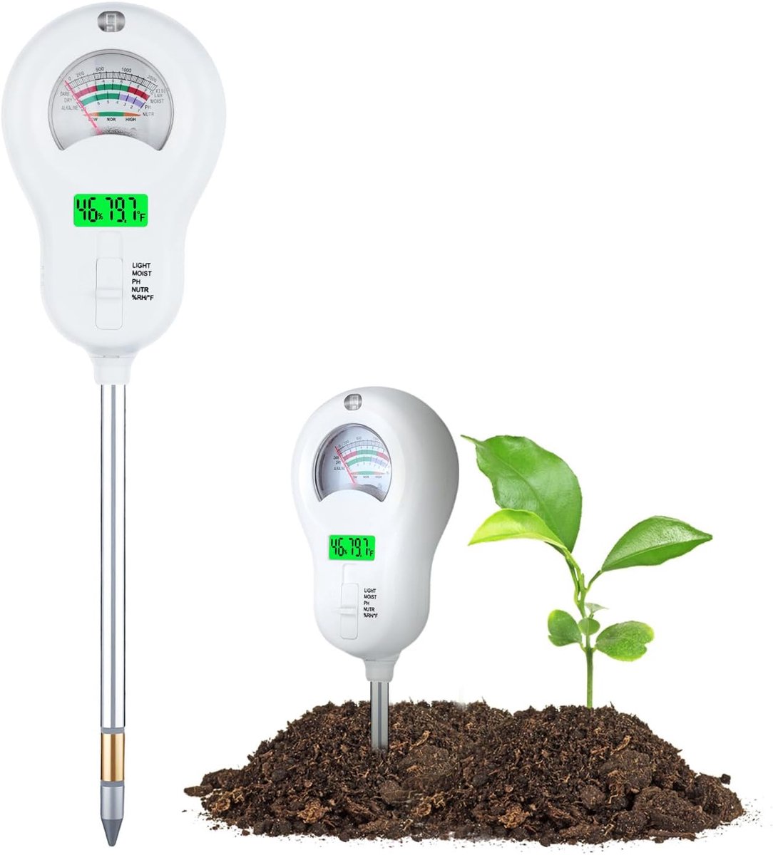 6-in-1 bodemtester, digitaal pH-bodemtester, vocht, bodemvruchtbaarheid, temperatuur, zonlicht en omgevingsvochtigheid