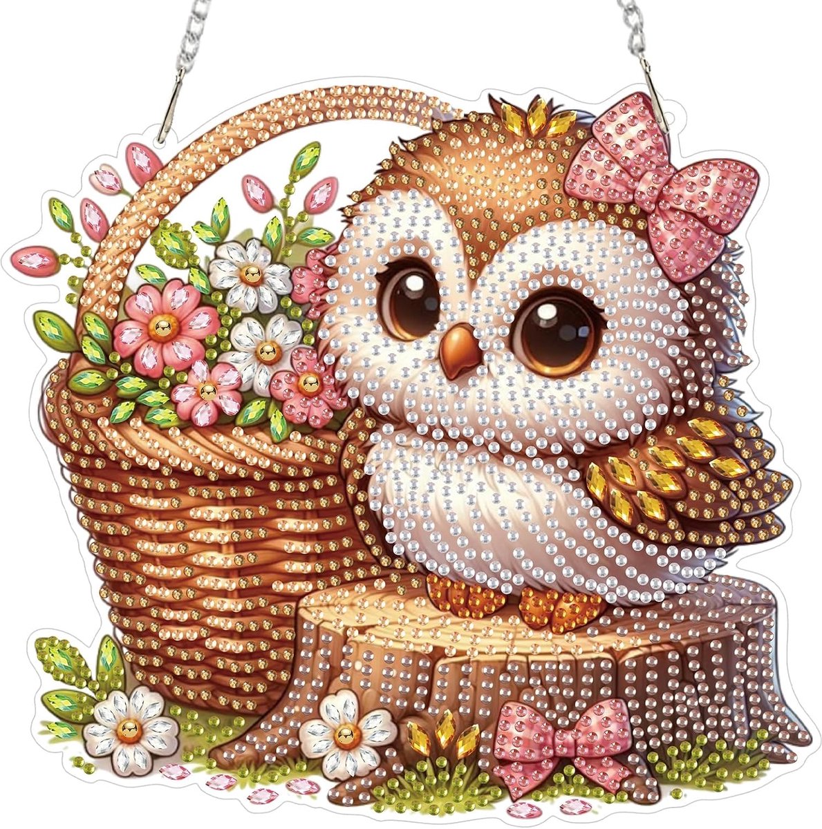 5D Diamond Painting set voor volwassenen, uilen, bloemenmand, diamond painting, dubbelzijdige hanger, doe-het-zelf kristallen hanger, bladwijzer, knutselset, hangende diamantschilderset voor