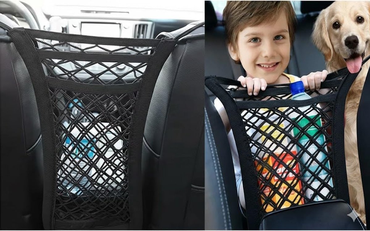auto met opbergvak, veiligheidsrooster tegen hond voor de stoel, verstelbare netorganizer, tas voor meer orde, veiligheid (universeel) hondenafscheiding, auto-organizer