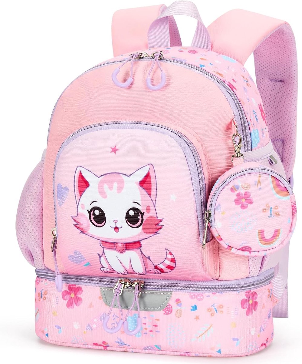 Kinderrugzak voor meisjes en jongens, met borstband, kleuterschoolrugzak voor meisjes/jongens, reflecterend, met geïsoleerd vak en portemonnee, waterdicht, voor 2-6 jaar, 11,5 l, Kat, 11.5L