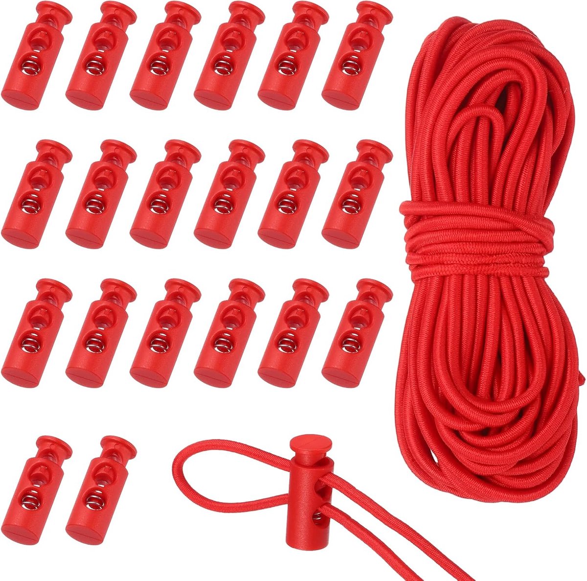 20 stuks koordstopper van kunststof, 5 m, elastische sleutelband, dubbele gatklemmen voor lanyards slider, clip voor vervangende veters, rugzakken, rood