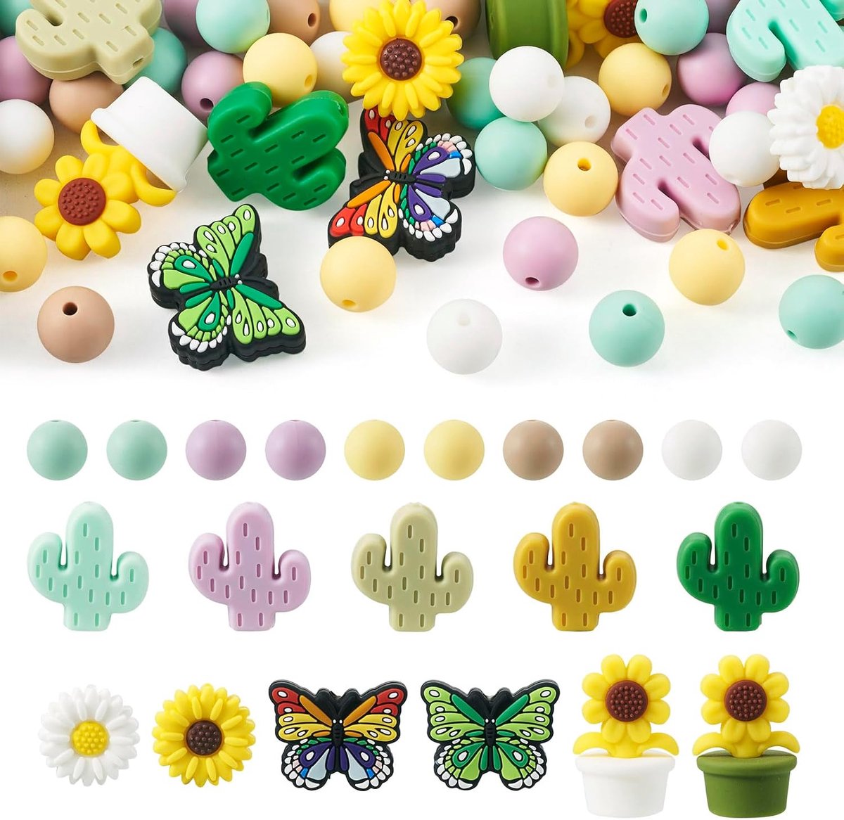 72 stuks madeliefjes siliconen kralen cactu zonnebloem vlinder ronde rubberen kralen schattige planten losse spacer kralen voor doe-het-zelf armband ketting sieraden maken