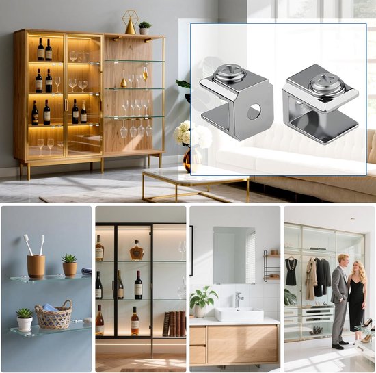 18 stuks glazen plankdragers, vierkante verdikte glashouders, verstelbare glasklemmen, zinklegering, glazen clip voor 3-8 mm dik glas, voor badkamer, woonkamer, open plaatsen — afbeelding 4