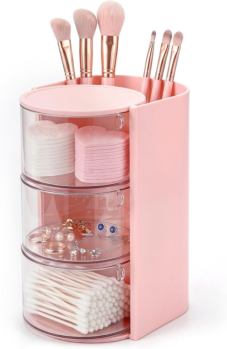 180° draaibare opbergdoos voor op de make-uptafel borstelhouder met 3 lagen | Make-upborstelhouder, doorzichtige opbergdoos voor haaraccessoires, sieraden, poederdonsjes en make-upborstels