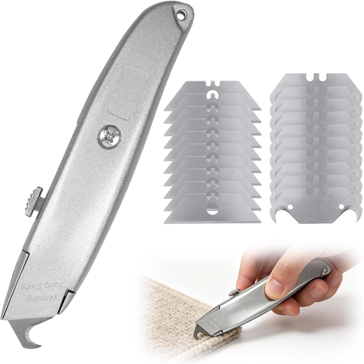haakmes, zelfvergrendeling, tapijtmes, cuttermes, met 20 messen, 10 trapeziummessen en 10 haakmessen, voor tapijt, pvc, dakpanelen, karton, universeel mes (zilver)