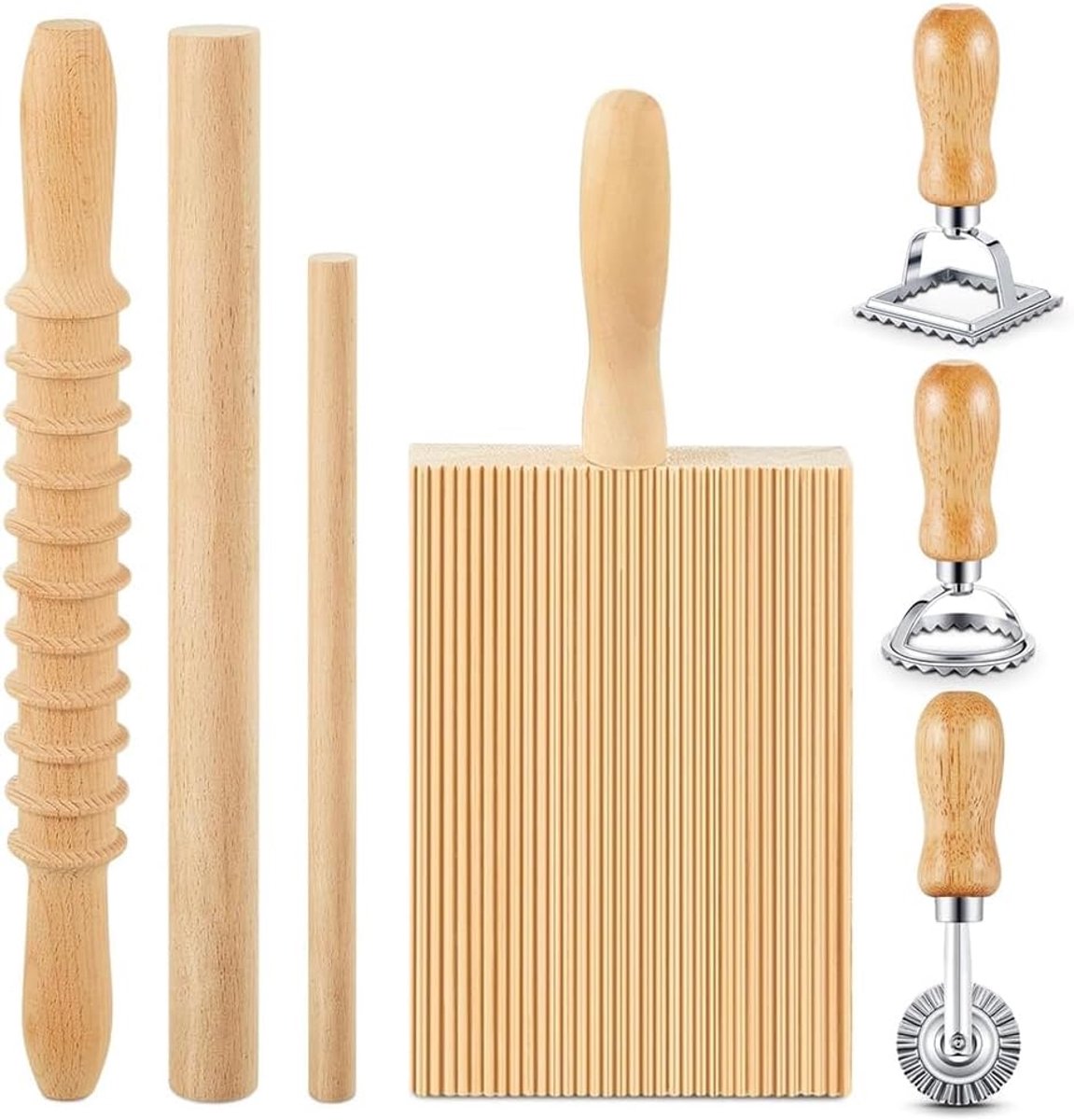 7-delig gereedschap voor het maken van pasta, gnocchi-bord met ravioli-stempel, knoedelmaker en deegrollenset, pastamachine voor zelfgemaakte pasta