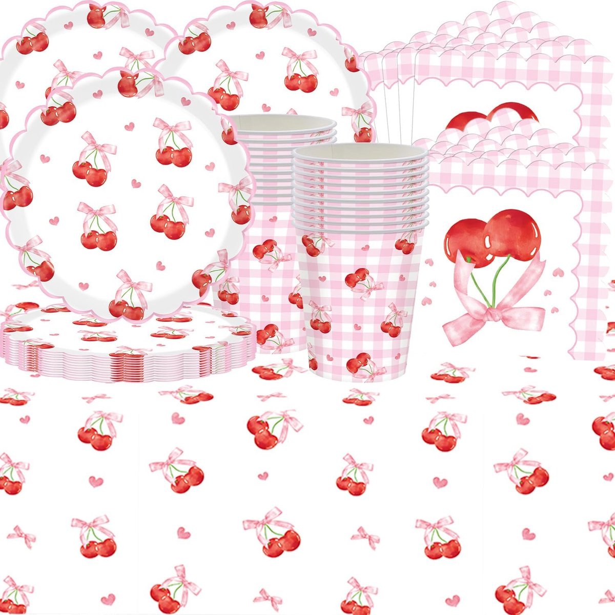 61 stuks Pink Lace Cherry partyservies voor meisjes, bevat papieren borden, papieren bekers, papieren servetten en tafelkleden voor een verjaardagsfeest voor 20 personen
