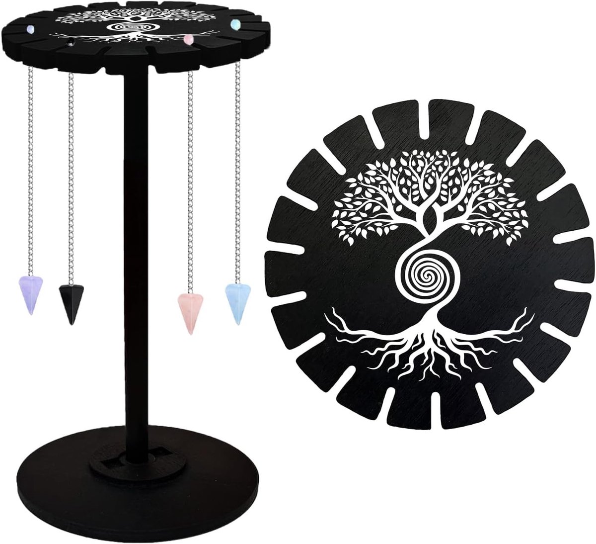 Spiraalvormige boom houten pendulum displaystandaard - 18 sleuven voor kristallen - Boheemse stijl - curiosa plank