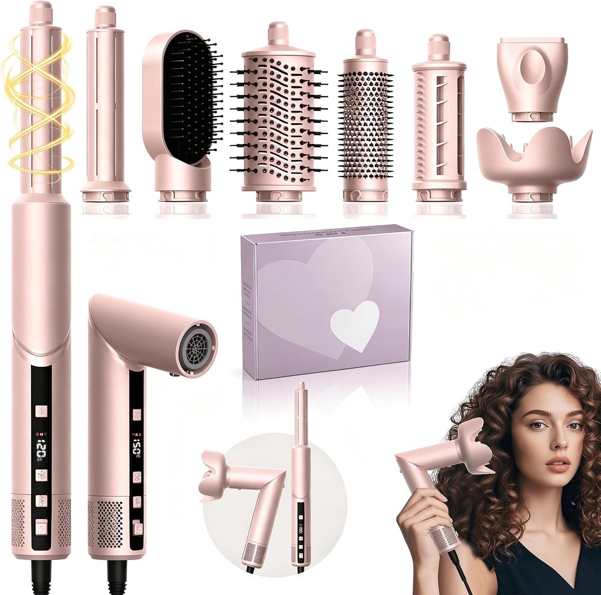 Haarstyler 8-in-1 set - 1400W ionische haardroger met diffusor, 110.000 U/min Airstyler haarstyler met 32mm Air krultang, Air Brush, ronde borstel-föhn | Snel stylen voor alle haartypes