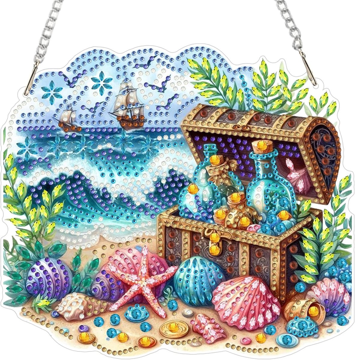 Ocean Diamond Painting raamafbeeldingen, dubbelzijdig, schatkist, diamond painting hanger met ketting, diamantschilderij, afbeeldingen, kristal, raamafbeeldingen voor cadeau, wanddecoratie