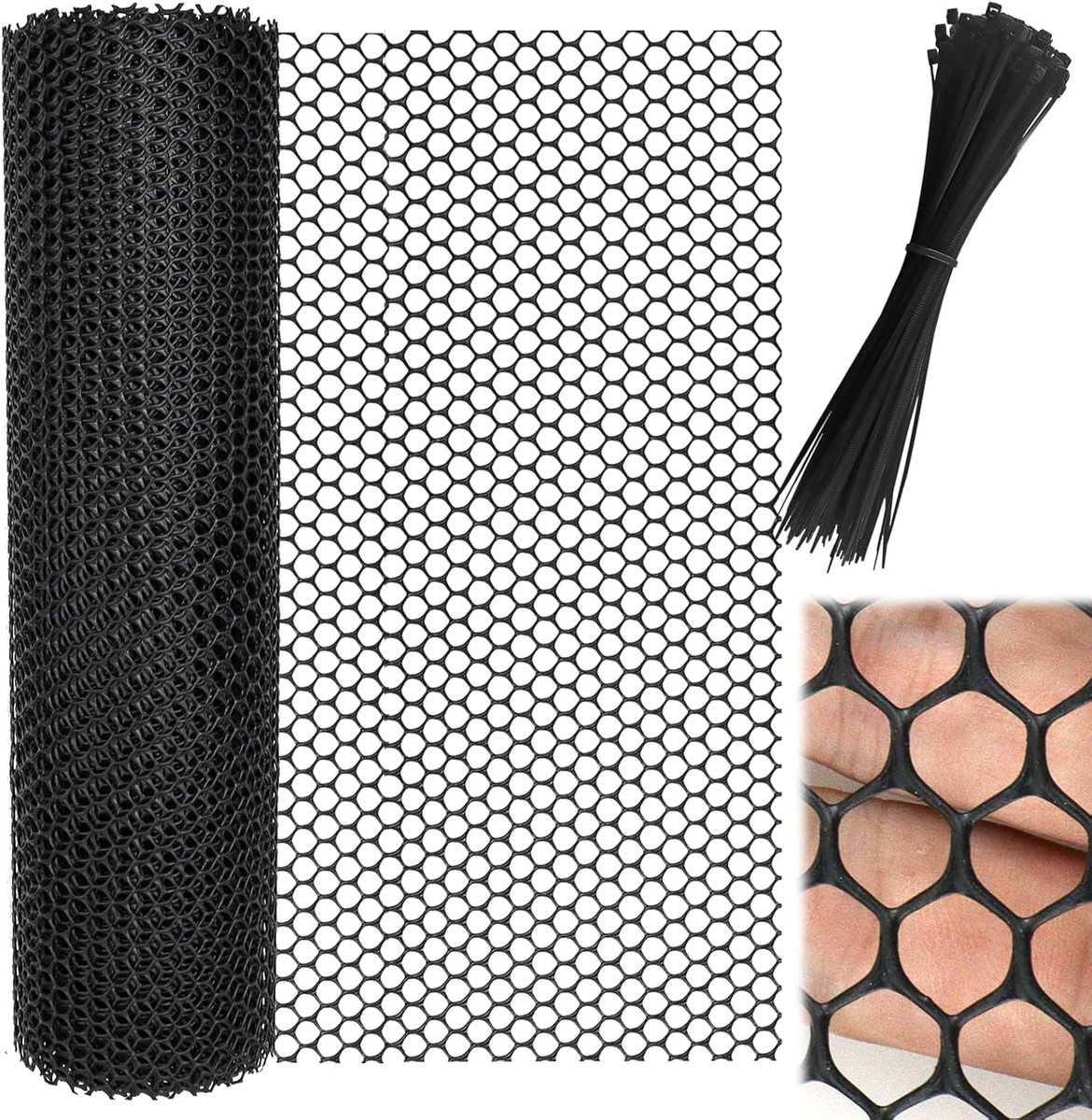 40cm × 5m kunststofgaas, zwart kunststofhek met 100 nylon kabelbinders, op maat snijdbaar balkon tuin beschermingsnet als grasbeschermingsgaas mollengaas
