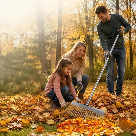 Bladhark voor de tuin, 53-160 cm, verstelbaar, metalen gazonhark met 21 tanden, ergonomische telescoopsteel, 40 cm brede rekenkop, bladhark voor tuin, gazon, bloembedden, struiken, mulch — afbeelding 5