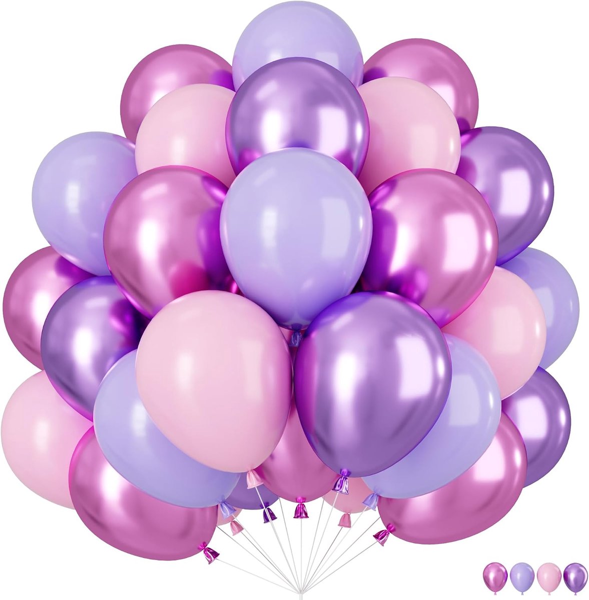 Ballonnen, paars-roze, 60 stuks, heliumballonnen, pastelroze, roze lila ballonnen, latex ballonnen, lila, roze, feestballonnen, ballonnenslinger voor prinsessen, verjaardag, babyshower, feestdecoratie