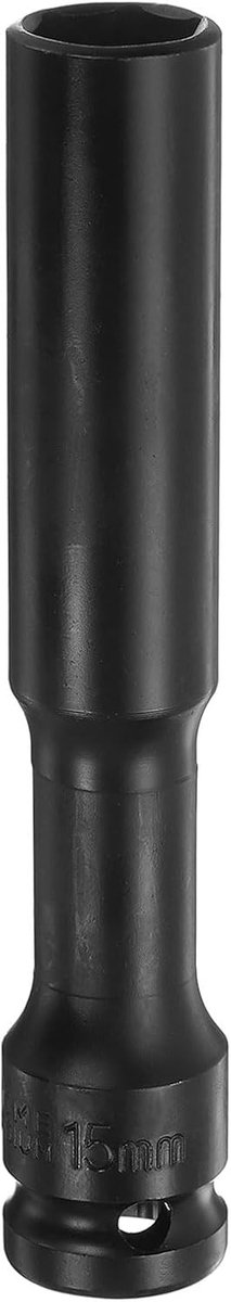 Impact-stopcontact voor dunne wand, 15 mm, metrisch, punt 6, vierkante stekker 1/2 inch, aandrijving: 5 inch, extra lang, staal, CR-V, gefosfateerd, industriële kwaliteit, voor asmoer, zwart