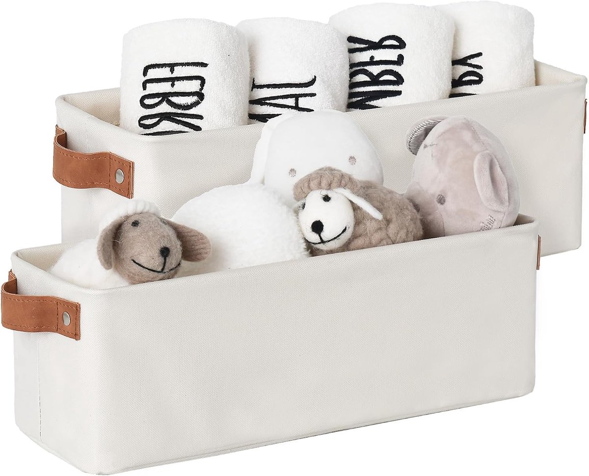 Smalle opbergdozen, lange opbergmanden voor het organiseren van je kledingkast, slanke opbergdozen met metalen frame, decoratieve plankbakken voor badkamer, beige, set van 2 stuks