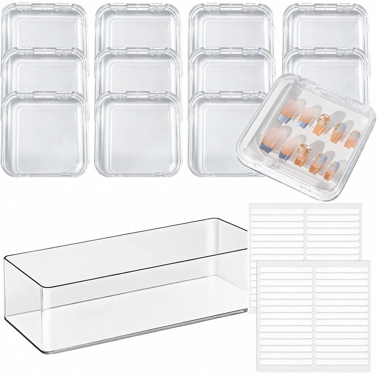 12 stuks opbergbox voor nagels, displaybox voor press-on nagels, opslagbox voor 108 stuks dubbelzijdige nagelstrips (8,5 × 8,5 cm)