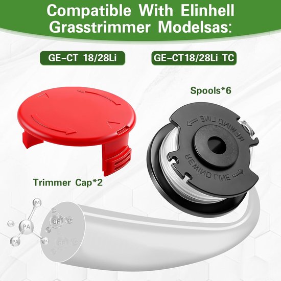 Spoelen voor Einhell GE-CT 18/28 Li, draadspoelen voor grasmaaiers, nylon, voor Einhell GE-CT 18/28 Li en GE-CT 18/28 Li TC, lengte 5,2 m, Ø 1,6 mm (6 spoelen + 2 doppen) — afbeelding 2