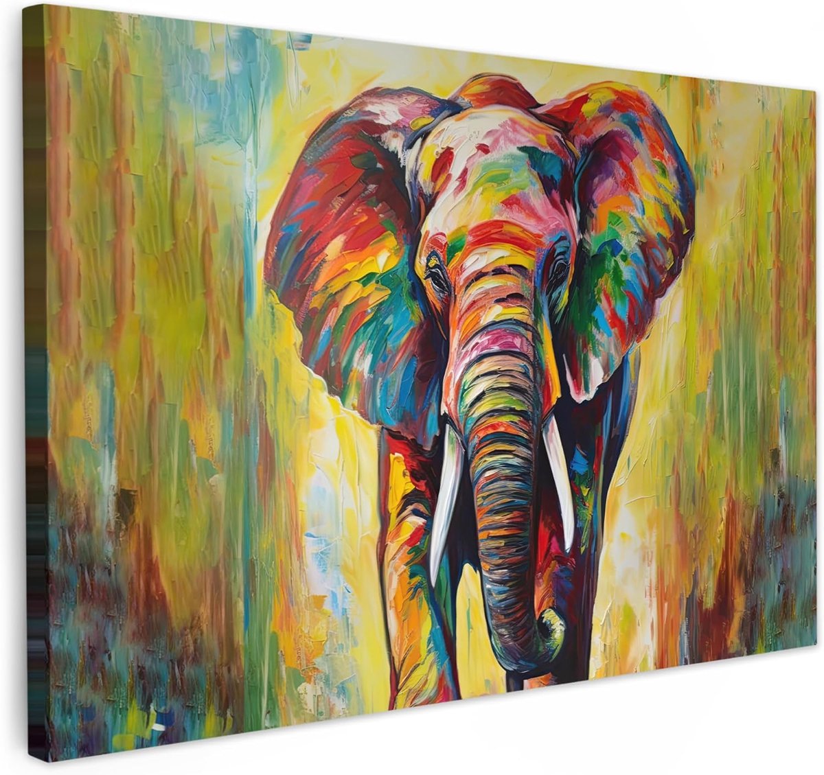 Canvas Schilderij 90x60 cm Kamer Muur Decoratie Woonkamer Slaapkamer Room Decor Wall Decoration Art Painting Olifant - Kunst - Schilderij - Dieren - Regenboog