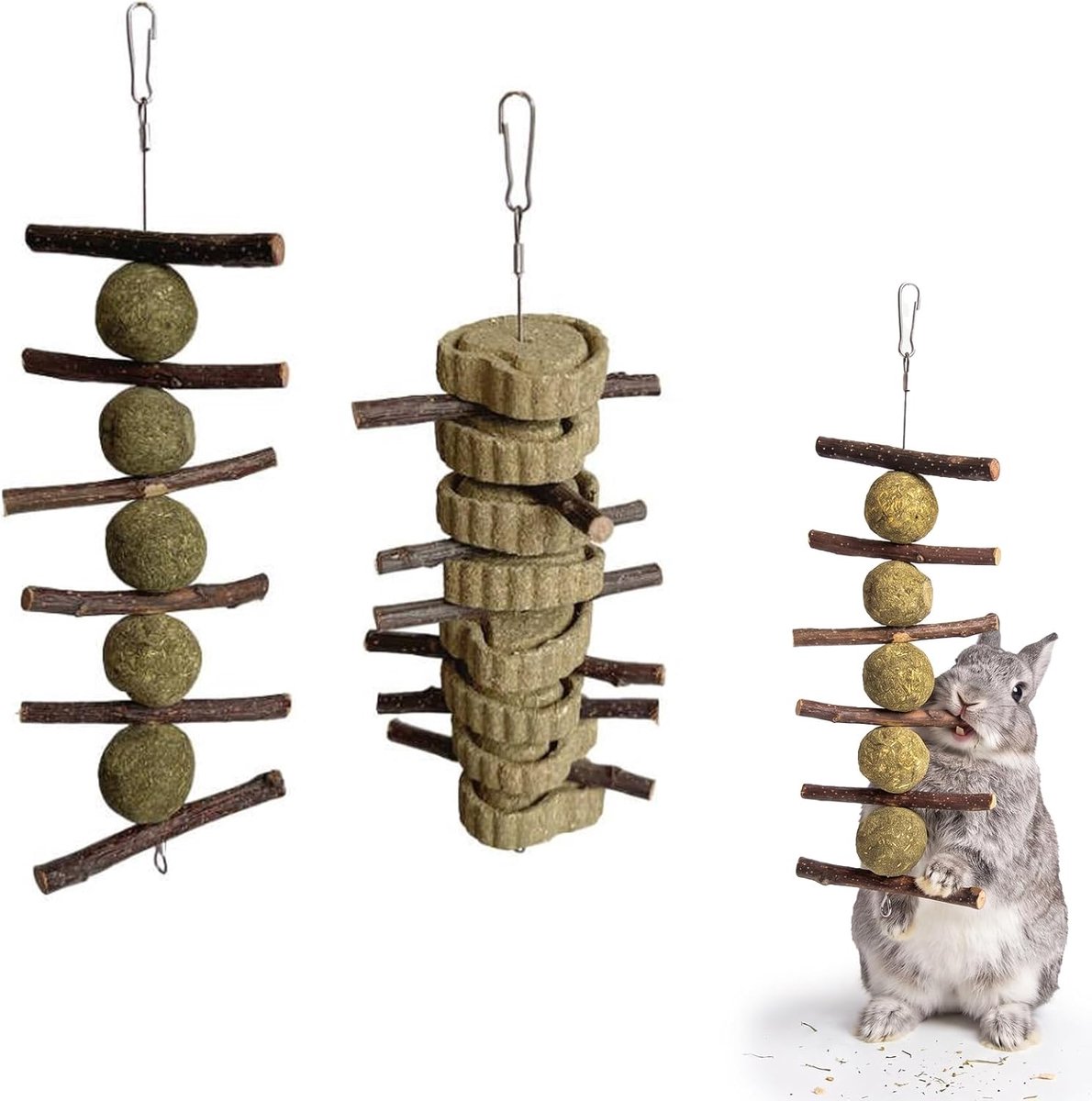 Speelgoed voor konijnen van appelhout en hooiballen (2 stuks), hamsterspeelgoed om te kauwen en tandverzorging, natuurlijke accessoires voor cavia's, chinchilla's en knaagdieren