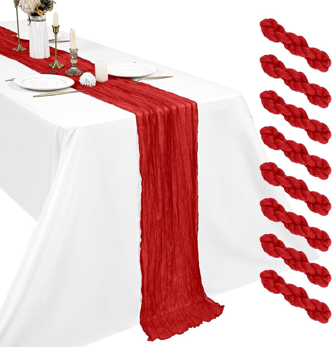 8-pack rode kaasdoek tafelloper, 45x275 cm Boho gaas tafelloper, rustiek romantisch lange tafelloper voor bruiloft, feest, bruidsdouches, kerstdecoratie