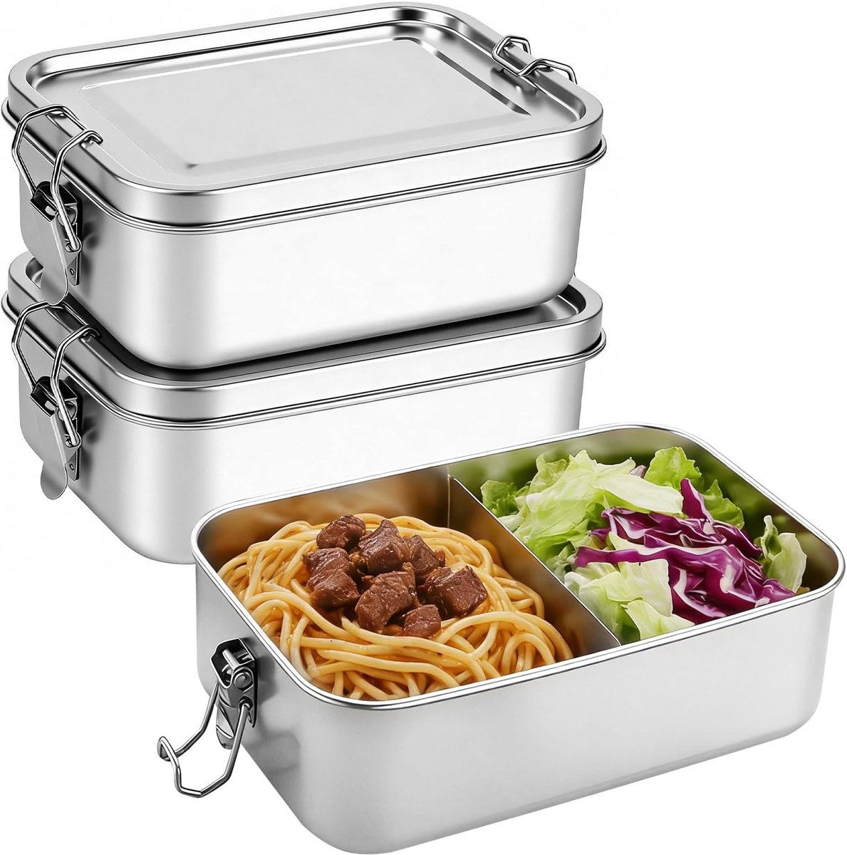 voedselcontainer met deksel, 2 stuks Bento Box lunchbox, scheidingswand en lekvrije sluitclips, herbruikbare bewaardozen voor werk, picknick, reizen, keuken, 850 ml + 850 ml