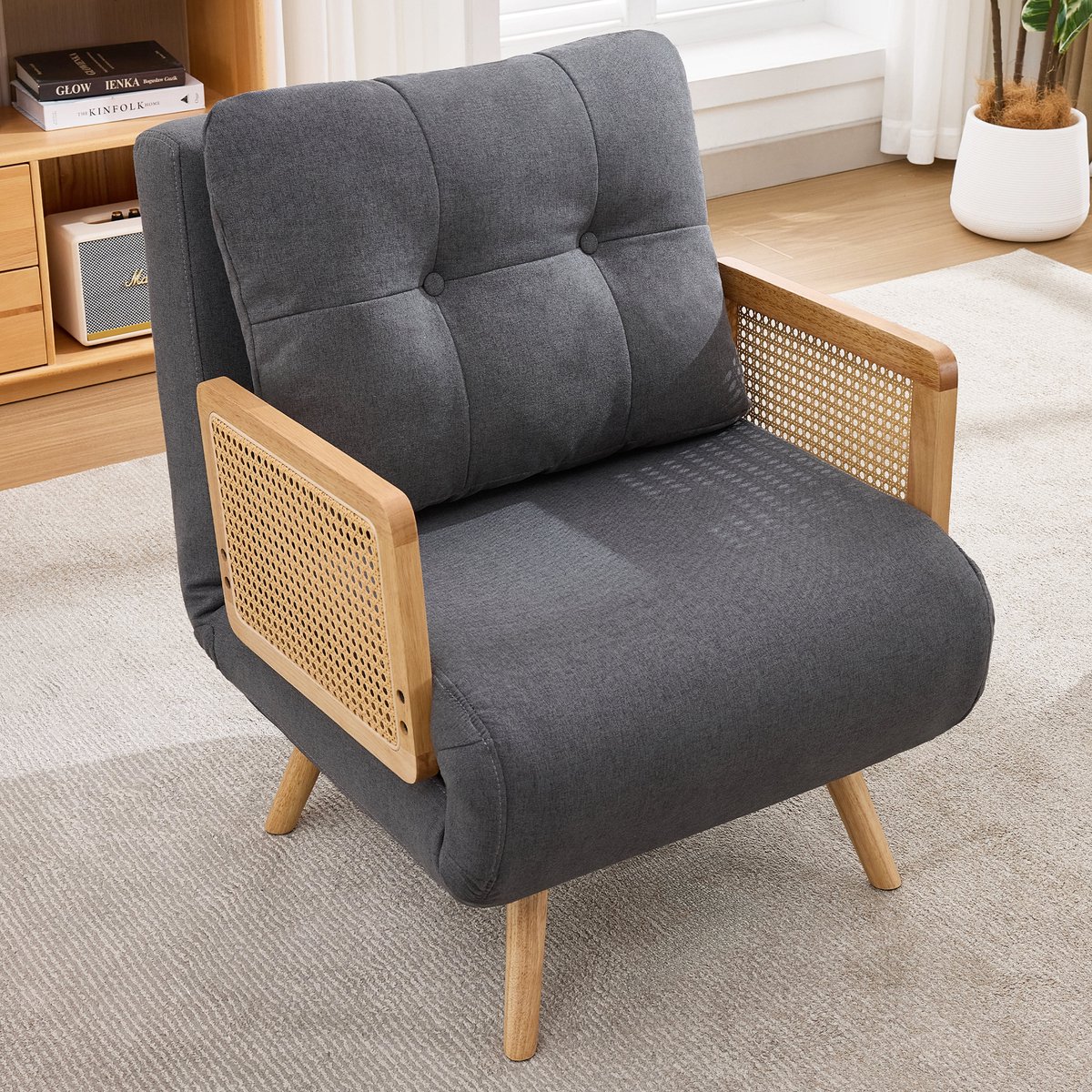 3-in-1 slaapstoel met slaapfunctie - uitschuifbare loungestoel en gastenbed - met verstelbare rugleuning en rotan armleuningen - grijs