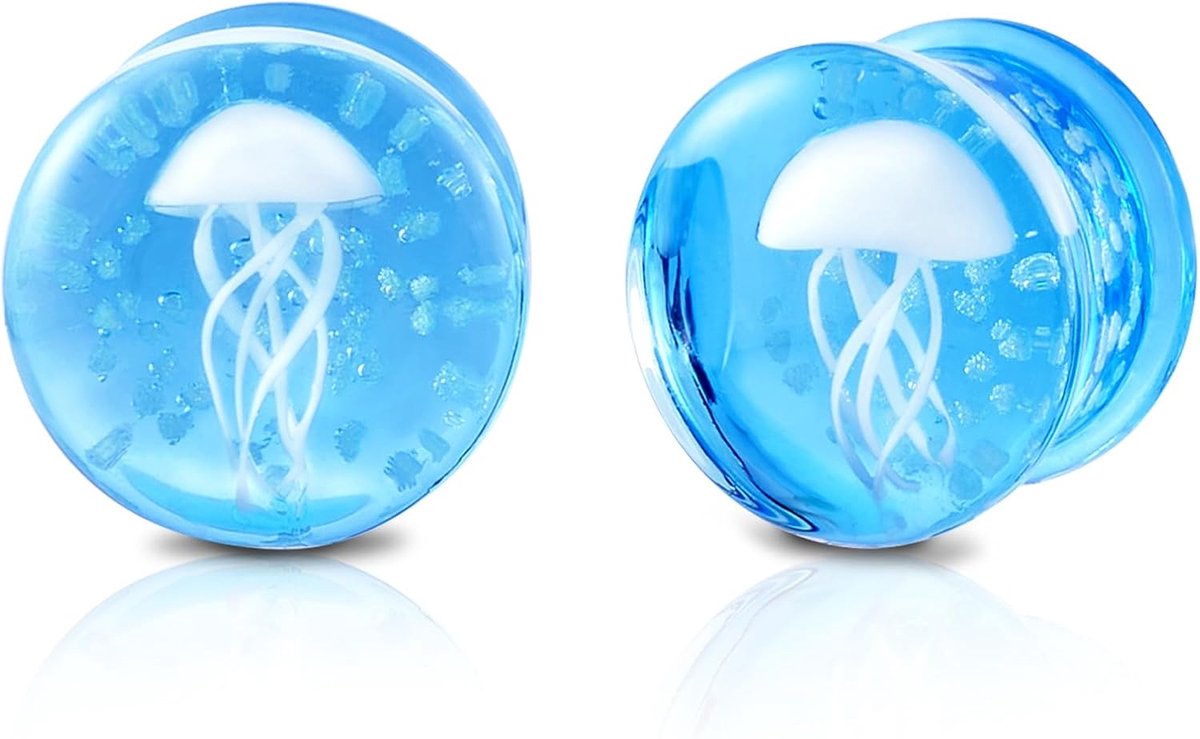 1 paar glazen oorpiercings oorpiercings met blauwe oceaan & kwallen expanderpiercing lichaamssieraden zadelsluiting 8 mm - 16 mm
