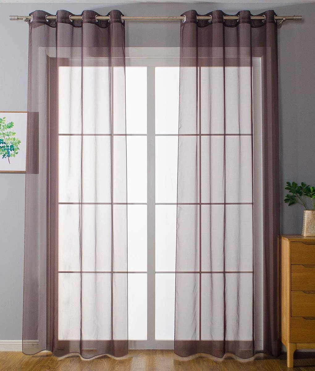 203322 Set van 2 gordijnen met inslagringen, transparant, voor woonkamer, voile, gordijn met ogen, loofband, H x B 245 x 140 cm, bruin