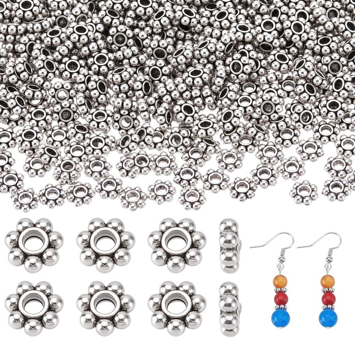 PandaHall 600 stuks 6 mm bloemen afstandskralen antieke zilveren madeliefjes bloemenkralen Tibetaanse metalen afstandsparels sneeuwvlok losse parel voor doe-het-zelf armband halsketting oorbellen