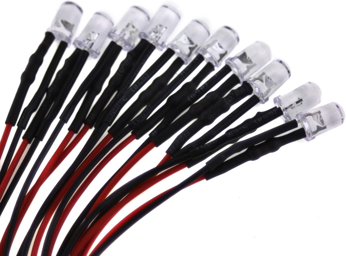10 x 5 mm led, 5 volt, geel; met 20 cm aansluitkabel en geïntegreerde weerstand