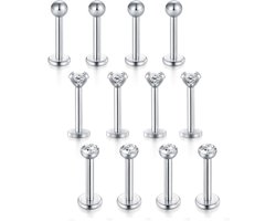 vcmart 15 stuks lippiercing labret stekers set zilver chirurgisch staal helix tragus monroe piercing 6/8/10 mm, chirurgisch staal, zonder steen,