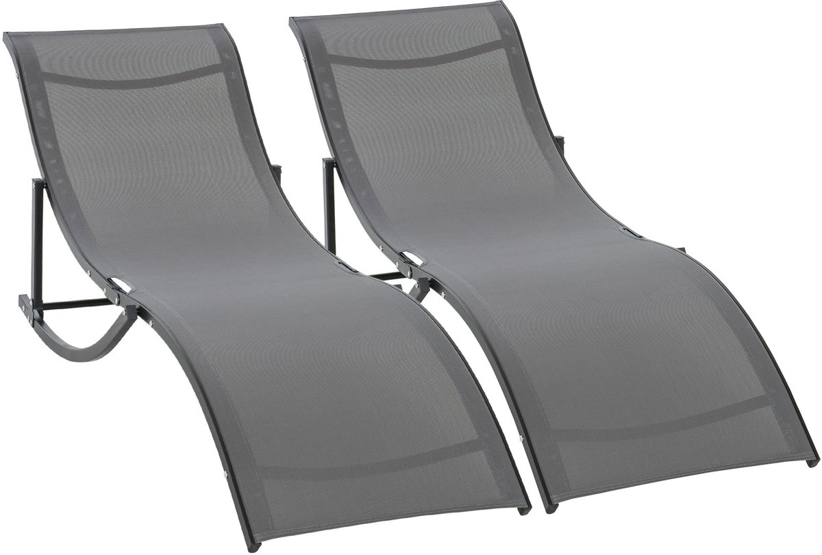 Set van 2 inklapbare ligstoelen, tuinstoel van aluminium en textileen, geschikt voor terras of strand, draagvermogen 120 kg, antracietgrijs