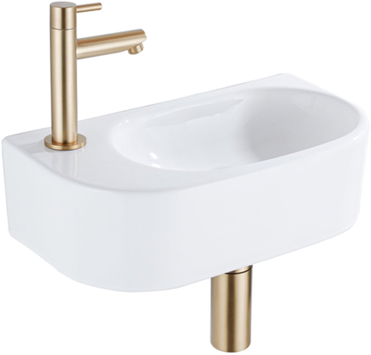 QeramiQ Fuente Fonteinset - 40x21.5x12cm - links - glad - halfrond - 1 kraangat - keramiek - fonteinkraan geborsteld messing - afvoerplug - verlaagd sifon - wit glans