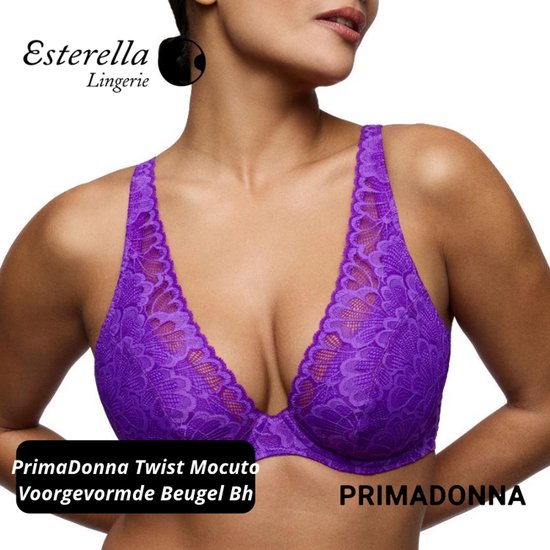 Paarse kanten voorgevormde beugelbeha met de tekst 'PrimaDonna Twist Mocuto Voorgevormde Beugel Bh'.