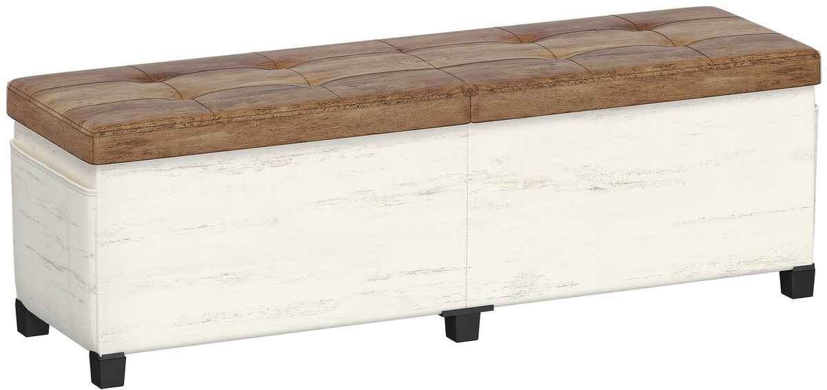 Home & Beyond® Opbergbank met Zitkussen - Opbergkruk en Opbergbox - Stoffen Zitbank met Houtlook Deksel - Opvouwbaar - Bruin Wit - 141x41x45 cm