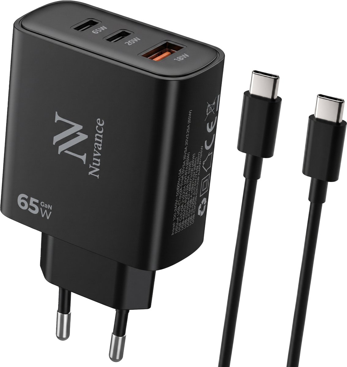 Nuvance USB C Adapter - 65W - Oplader - Snellader - Incl. 100W USB C Kabel - 3 Poorten - USB C Lader