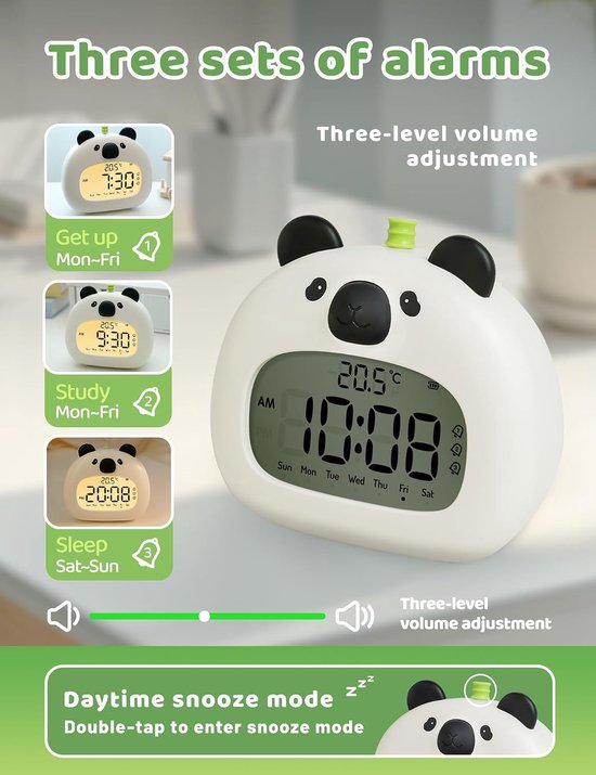 Kinderwekker Panda - Nachtlampje Klok - Ondersteunt Slapen - Oplaadbaar USB-C - 315 inch - Wit Zwart — afbeelding 4
