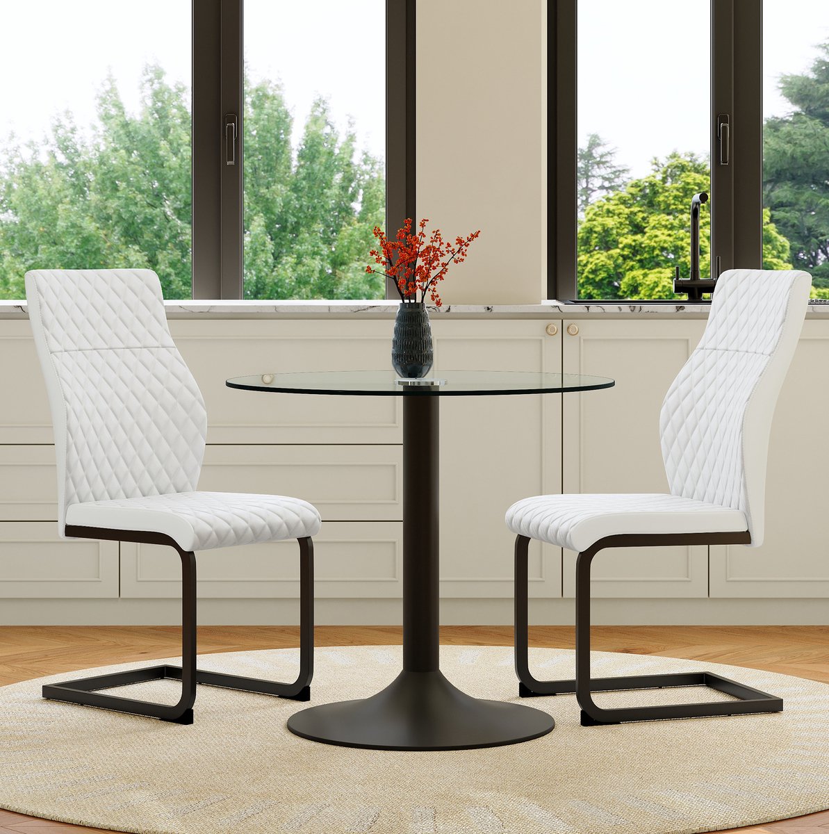 MODFU Set Tafel En Stoelen - Rond Glazen - Industrieel - 1 Tafel 2 Stoelen - Zwart Wit