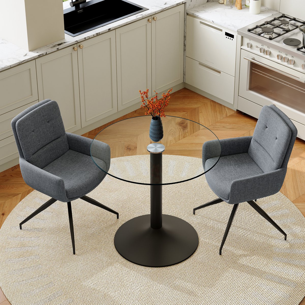 MODFU Ronde Eettafel Set - Glazen Tafelblad - 2 Stoelen - Zwart - Donkergrijs