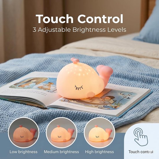 Nachtlampje in de vorm van een walvis voor kinderen – schattige siliconen lamp voor de babykamer met oceaan-thema, 7 kleuren (RGB) & timer, dimbaar, oplaadbaar via USB-C, ideaal als cadeau voor verjaardag of Kerstmis - roze — afbeelding 5