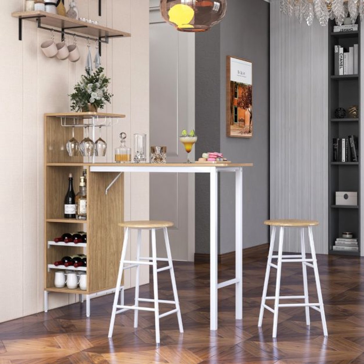SureDeal® - Eettafel - Bartafel - Krukken Pubtafel - Kruk - Wijnrek - Flessen - Stoelen Bistrotafel - Woonkamer - 120x40x121,5 cm - Naturel
