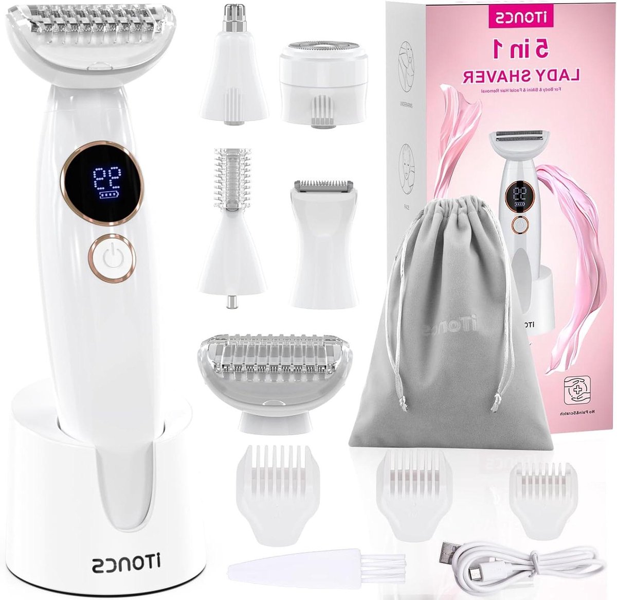 Elektrisch Damesapparaat - Gezichtsreiniger Trimmer - Persoonlijke Verzorging - 5-in-1 Functies - IPX7 Waterdicht - Wit