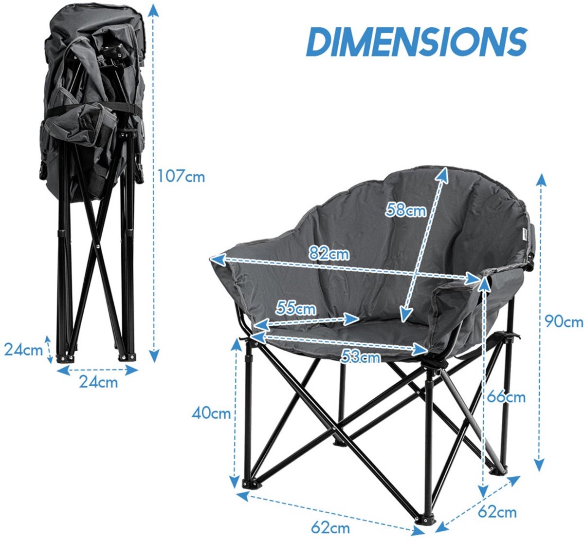SureDeal® - Tuinmeubel - Extra Grote Campingstoel - Bekerhouder Gevoerde Klapstoel - Buiten Draagvermogen - 82x62x90 cm - Grijs