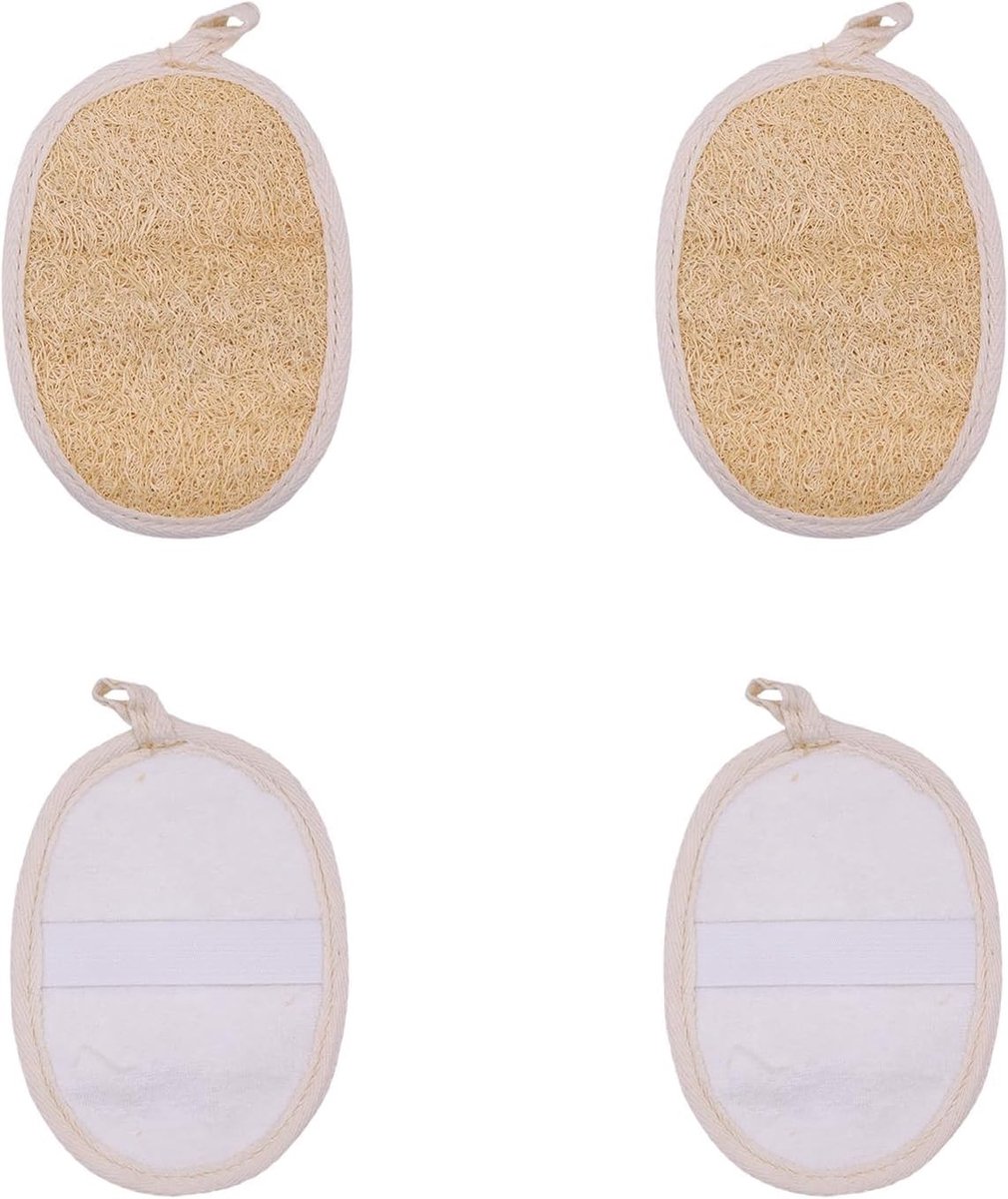 Set van 4 natuurlijke loofah sponspads voor zachte huidverzorging, milieuvriendelijke scrubbers voor douche en bad, perfect voor dagelijkse exfoliatie en ontspanning