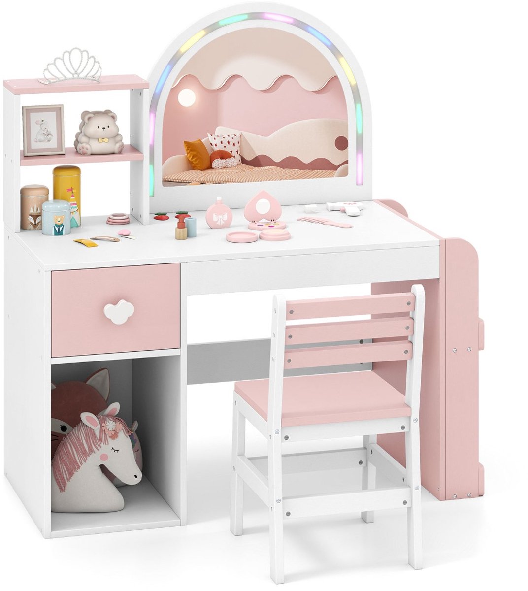 SureDeal® - Kaptafel - Kinderkaptafelstoel - Spiegel - Verlichting - 86x39,5x92 cm - Wit