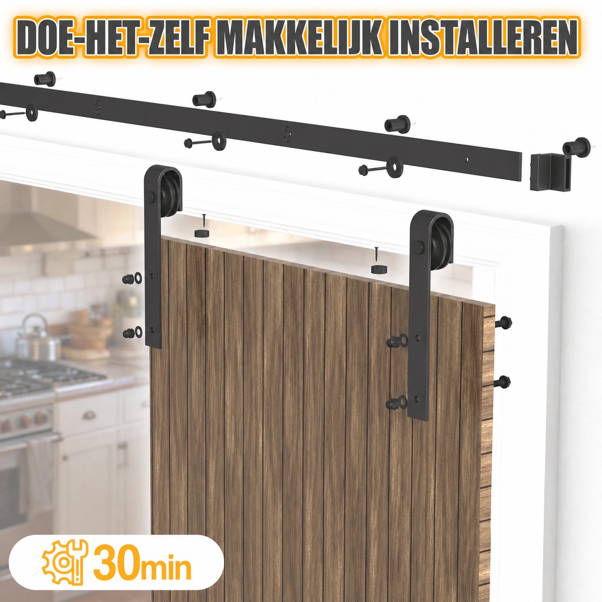 Arvioo - Schuifdeur beslag 6.6FT - Met L‑vloerstopper - Staal - Complete montageset