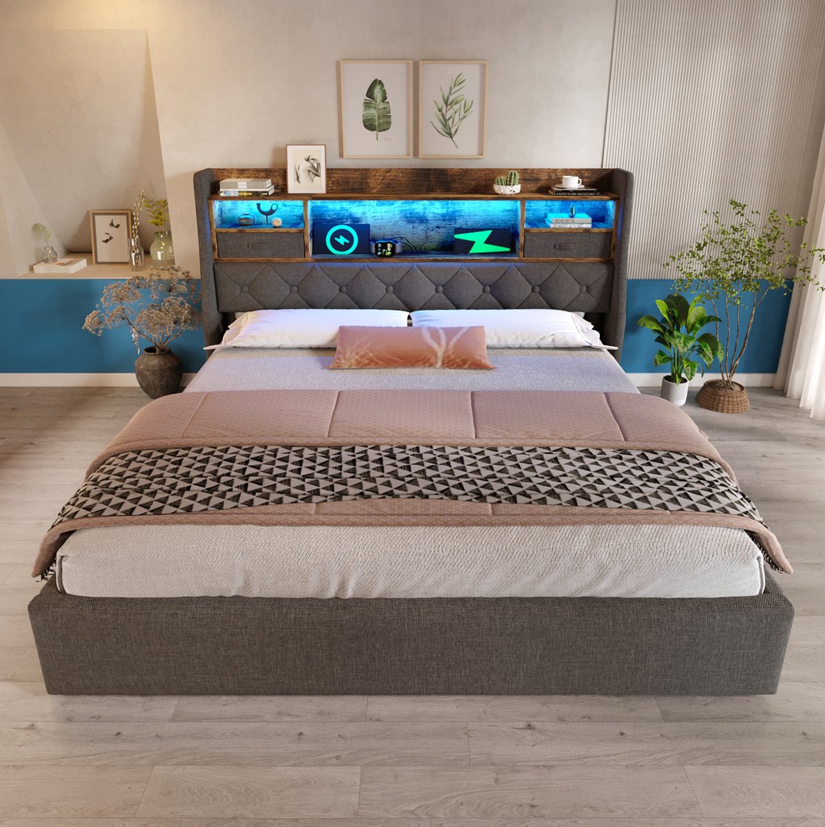 REDOM - Bedframe met opbergruimte - Hydraulische opslag - LED-verlichting en USB/Type-C oplaadpunten - Retro stijl - Slaapkamer - Stof - Grijs - 221 x 193,5 x 116 cm