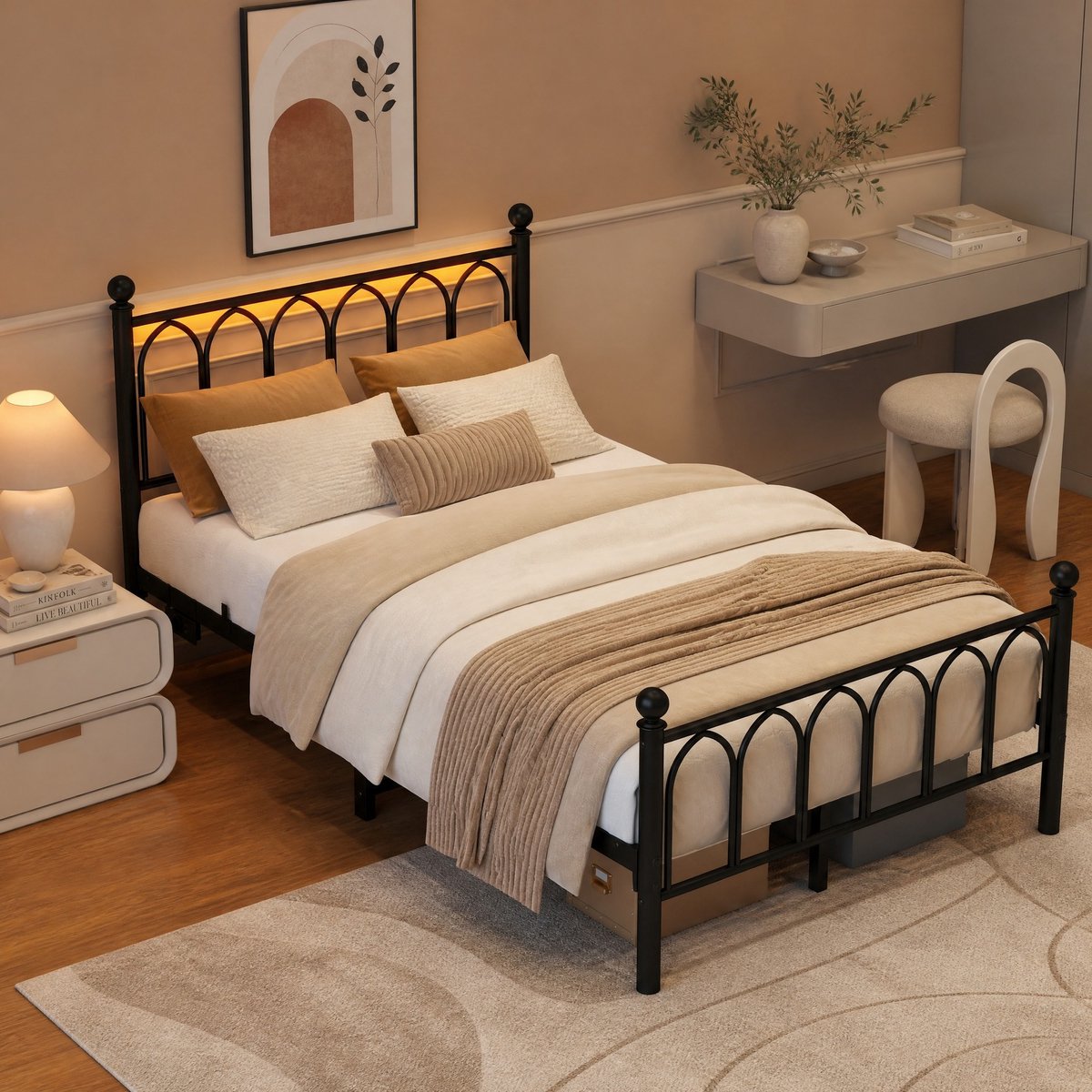 REDOM - Bedframe - Vintage hoofdeinde en voeteinde - LED-verlichting en USB-oplaadstation - Met opbergruimte onder het bed - Moderne stijl - Slaapkamer - Metaal - Zwart - 120 x 200 cm